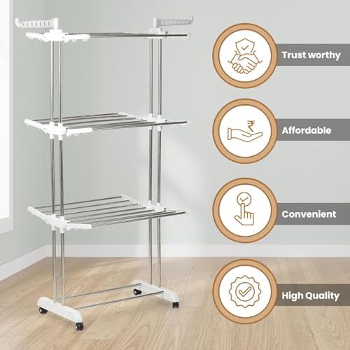 H Houseware Heavy Duty 3 Tier Stainless Steel Cloth Drying Stand with Wheels | Portable Rustproof Laundry Rack | Folding Clothes Dryer for Home, Balcony & Outdoor Use (43.2 x 78.7 x 165 cm, White) - Image 4