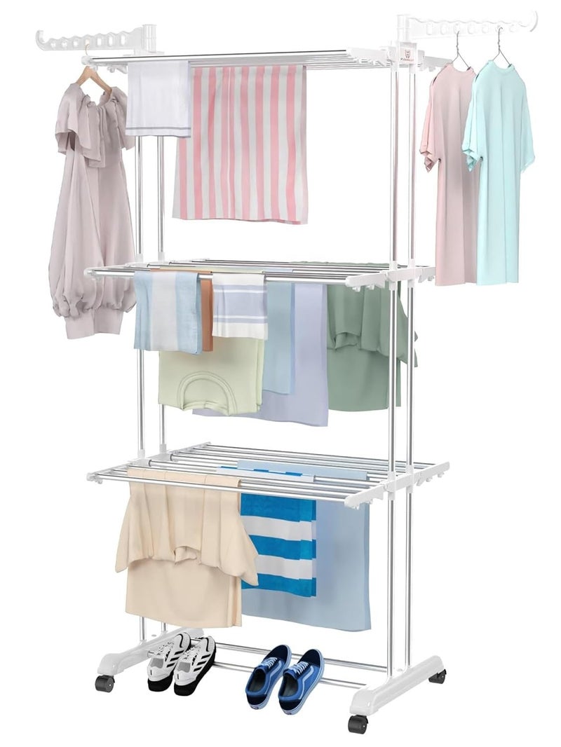 H Houseware Heavy Duty 3 Tier Stainless Steel Cloth Drying Stand with Wheels | Portable Rustproof Laundry Rack | Folding Clothes Dryer for Home, Balcony & Outdoor Use (43.2 x 78.7 x 165 cm, White) - Image 1