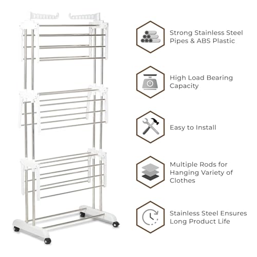 H Houseware Heavy Duty 3 Tier Stainless Steel Cloth Drying Stand with Wheels | Portable Rustproof Laundry Rack | Folding Clothes Dryer for Home, Balcony & Outdoor Use (43.2 x 78.7 x 165 cm, White) - Image 5
