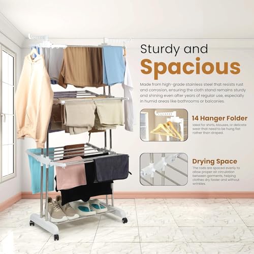 H Houseware Heavy Duty 3 Tier Stainless Steel Cloth Drying Stand with Wheels | Portable Rustproof Laundry Rack | Folding Clothes Dryer for Home, Balcony & Outdoor Use (43.2 x 78.7 x 165 cm, White) - Image 2