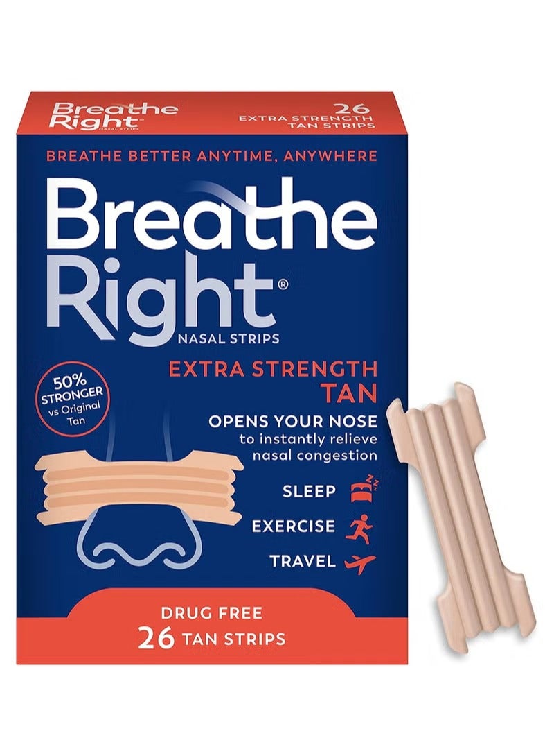 بريث رايت شرائط أنف سمرة إضافية - ٢٦ شريطًا | تخفيف احتقان الأنف بدون أدوية لتحسين التنفس وتقليل الشخير | مريحة ومرنة وسهلة الاستخدام - Image 1