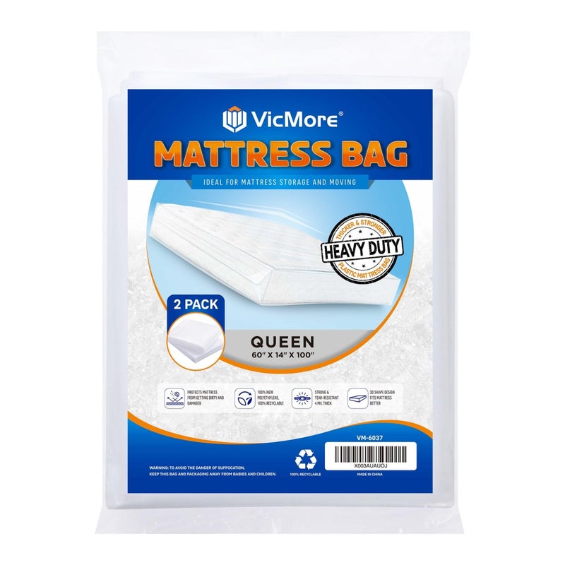 VICMORE 2Pack Queen Mattress Bags for Moving  Storage  4 Mil HeavyDuty Plastic Mattress Cover TearResistant  Odorless Reusable  Recyclable