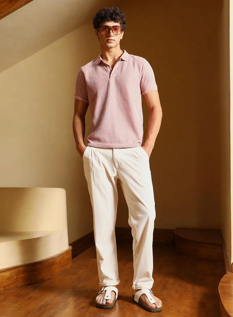 Campus Sutra Men Solid Ribbed Polo T-Shirt | Jacquard Polo Neck , Short Jacquard Cuff Sleeves | Half-Button Closure Straight Hem | Solid Jacquard | Knitted Fabric For Casual & Daily Wear | Blush Pink