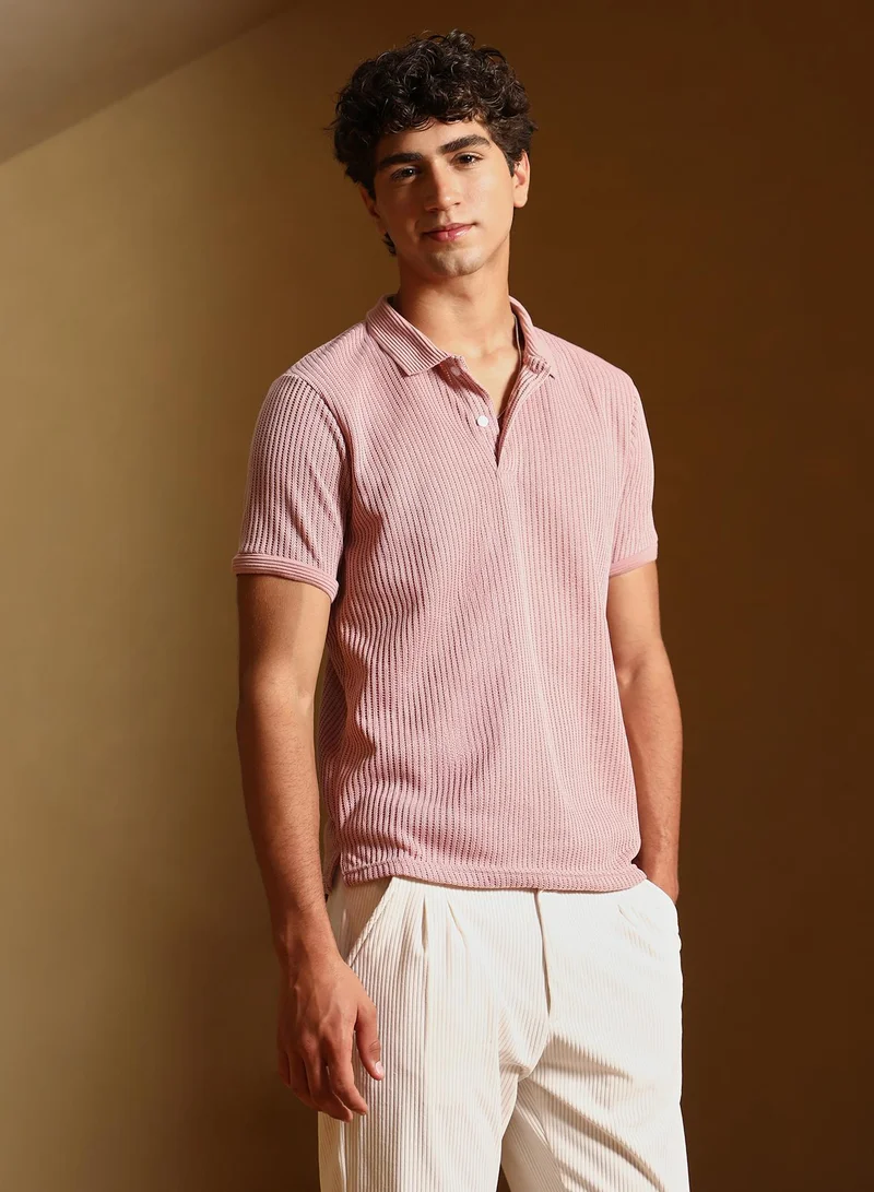 Campus Sutra Men Solid Ribbed Polo T-Shirt | Jacquard Polo Neck , Short Jacquard Cuff Sleeves | Half-Button Closure Straight Hem | Solid Jacquard | Knitted Fabric For Casual & Daily Wear | Blush Pink