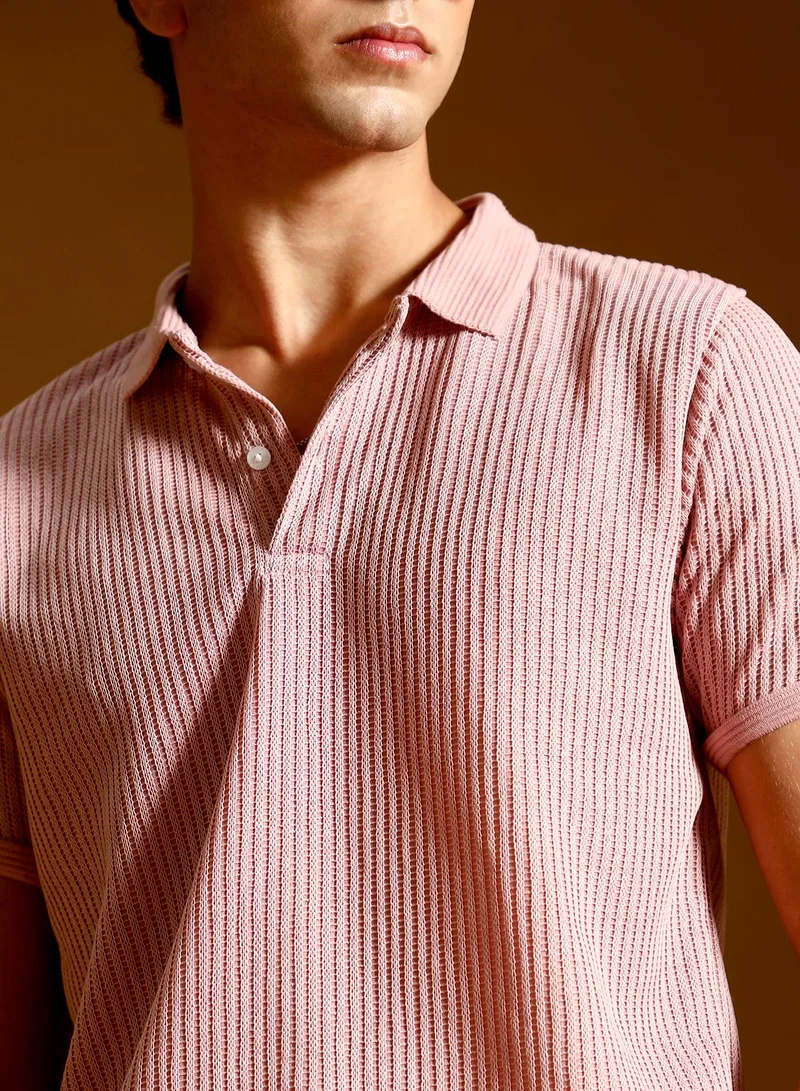 Campus Sutra Men Solid Ribbed Polo T-Shirt | Jacquard Polo Neck , Short Jacquard Cuff Sleeves | Half-Button Closure Straight Hem | Solid Jacquard | Knitted Fabric For Casual & Daily Wear | Blush Pink