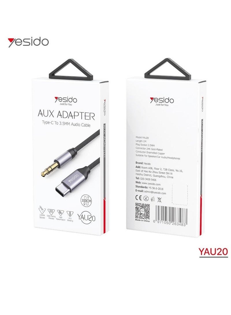 Yesido كابل صوت YAU20 من نوع C إلى 3.5 مم | محول USB-C إلى AUX لصوت عالي الجودة | كابل متين بطول 1 متر للهواتف الذكية والأجهزة اللوحية وأجهزة الكمبيوتر المحمولة | خالي من التشابك، مدمج، تجربة صوت متميزة - Image 1