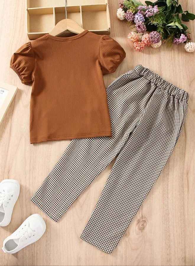 Take Two Take Two Texture Puff Sleeve Top with Checked Pants Set