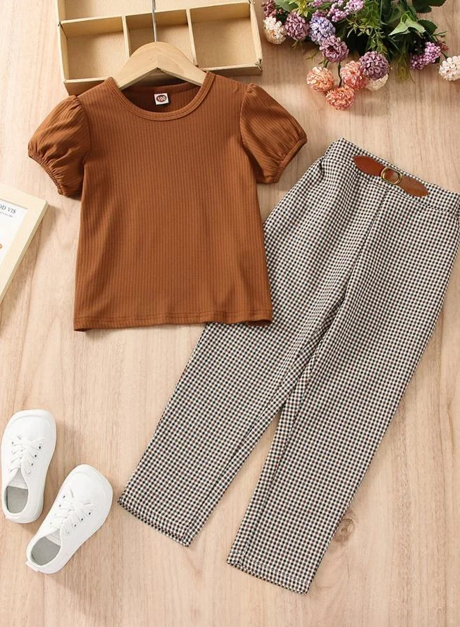 Take Two Take Two Texture Puff Sleeve Top with Checked Pants Set