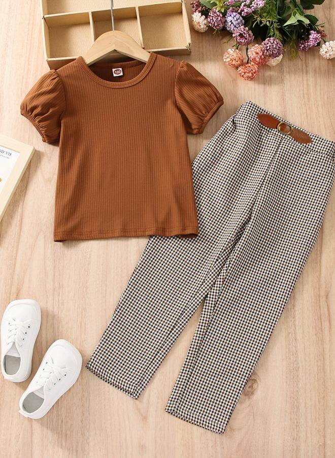 تايك تو طقم توب بأكمام منفوخة بنسيج بارز مع بنطال بنقشة مربعات - Image 1