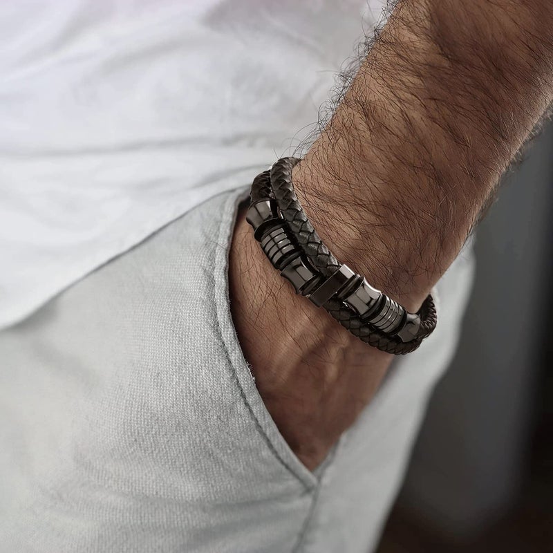 COOLSTEELANDBEYOND Mens Double-Row Black Braided Leather Bracelet Bangle Wristband with Black Stainless Steel Ornaments - Image 3