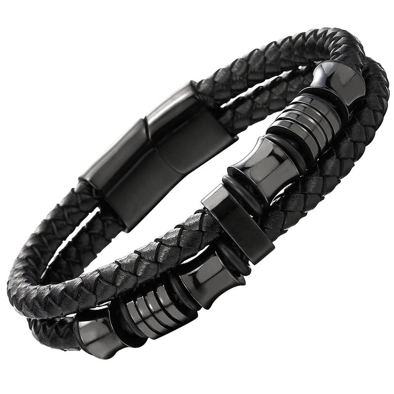 COOLSTEELANDBEYOND Mens Double-Row Black Braided Leather Bracelet Bangle Wristband with Black Stainless Steel Ornaments - Image 1