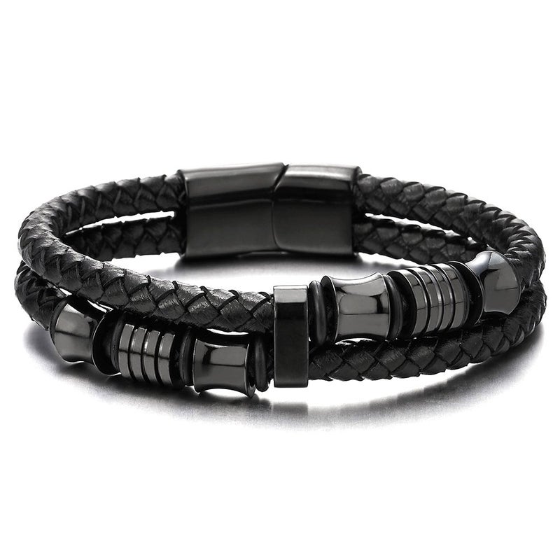 COOLSTEELANDBEYOND Mens Double-Row Black Braided Leather Bracelet Bangle Wristband with Black Stainless Steel Ornaments - Image 5