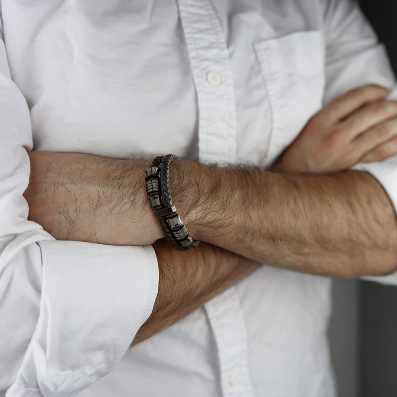 COOLSTEELANDBEYOND Mens Double-Row Black Braided Leather Bracelet Bangle Wristband with Black Stainless Steel Ornaments - Image 4