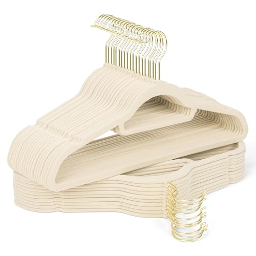 Sishynio Premium Velvet Hangers 30 Pack with Gold Hooks NonSlip Space Saving Felt Clothes Hangers Sturdy Slim Flocked Hanger for Dresses Coats Tie and PantsBeige - Image 1