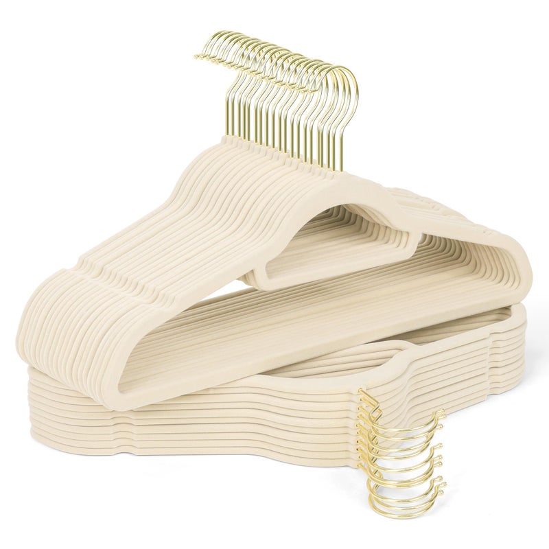 Sishynio Premium Velvet Hangers 30 Pack with Gold Hooks NonSlip Space Saving Felt Clothes Hangers Sturdy Slim Flocked Hanger for Dresses Coats Tie and PantsBeige - Image 2