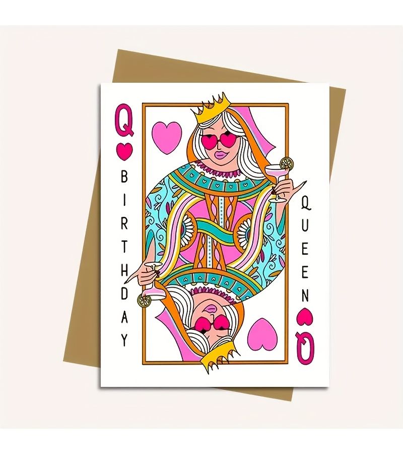 Heart Ace Birthday Card 2PC Khaki Funny Greeting Card Poker Themed Design with Crown and Champagne Flute Gift for Friend Girlfriend Sister Mom Daughter - Image 1