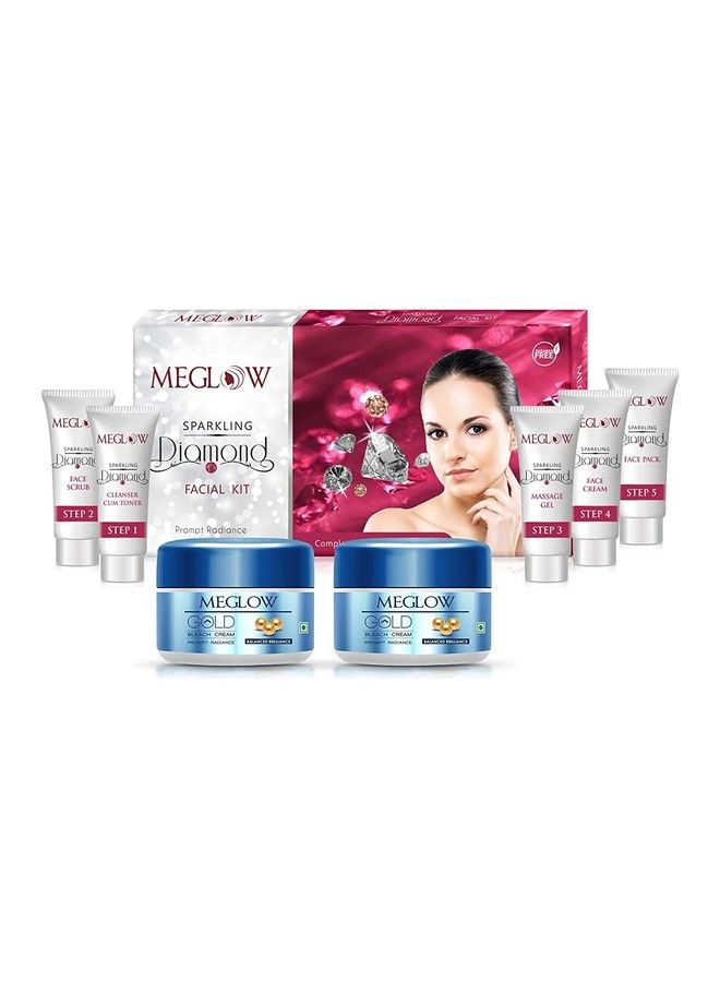 MEGLOW Beauty Combo For Women Pack Of 3 Diamond Kit Facial Kit (105G) With With Complete 5 Steps Facial System For Prompt Radiance ;; Gold Bleach Cream ((2)50G Each) - Image 1