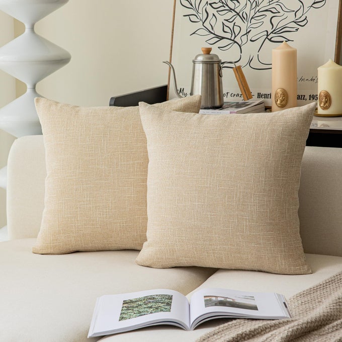 KEVIN TEXTILE TEXTURAL FAUX LINEN THROW PILLOW COVERS SHAMS FOR COUCH FARMHOUSE CUSHION CASE INVISIBLE ZIPPER 18 X 18INCH 2 PCS CREAM BEIGE