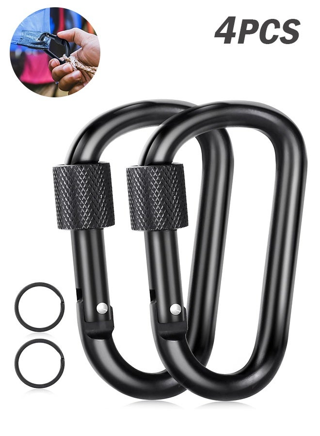 سويت لايف مجموعة من 4 مشابك كارابينر، 3 بوصات، حلقات كارابينر على شكل حلقة D مع حلقات مفاتيح، حلقة كارابينر من الألومنيوم لمشبك سلسلة المفاتيح، أسود - Image 1