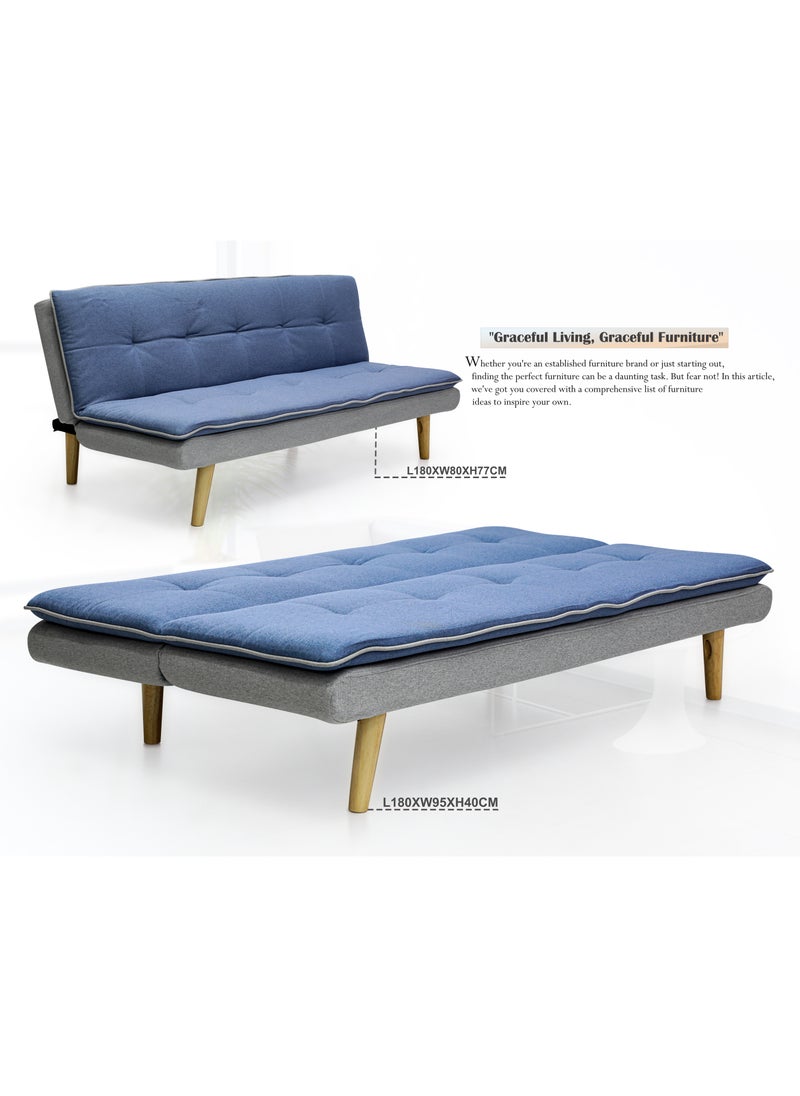 Multi Home Furniture Modern Design MH-111sb-blue&grey SOFA CUM BED OR 3 Seater Sofa Soft PU velvet 3-Seater Sofa,Made of finiest fabric sofa AND wooden legs cum bed is Foldable Futon Bed for Living Room –(blue& grey)  - Image 2