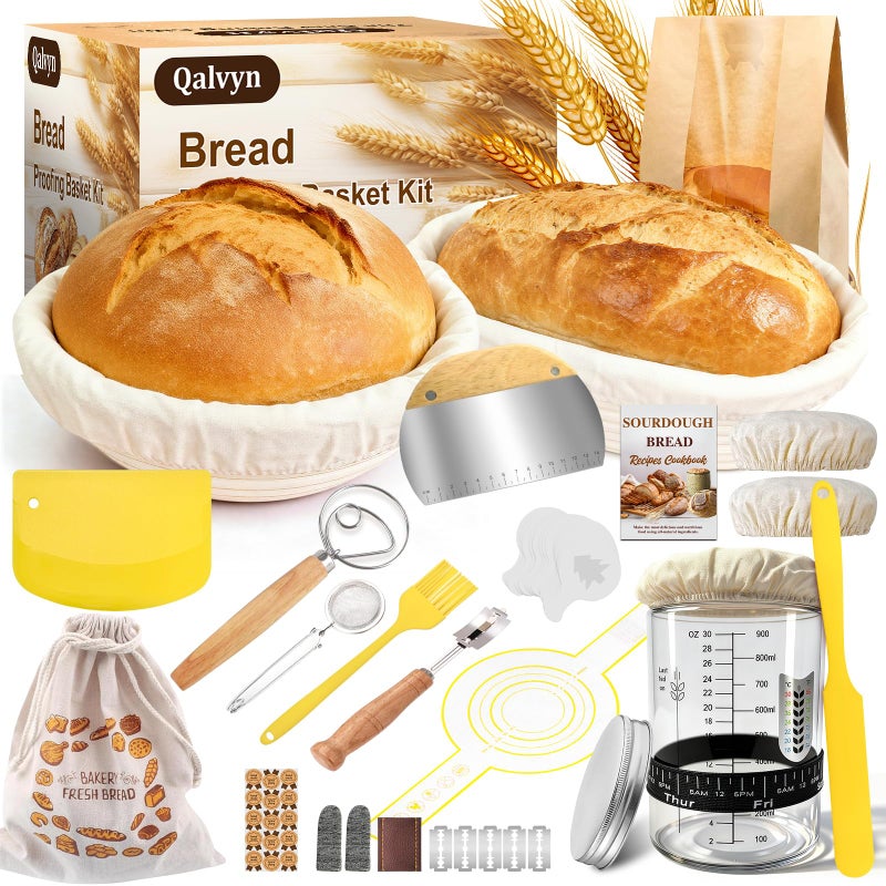 Qalvyn Sourdough Starter Kit,Sourdough Bread Baking Supplies, 9" Round and 10" Oval Banneton Bread Proofing Basket Set with Sourdough Starter Jar, Sourdough Bread Making Kit Valentine's Gifts for Women Wife - Image 1