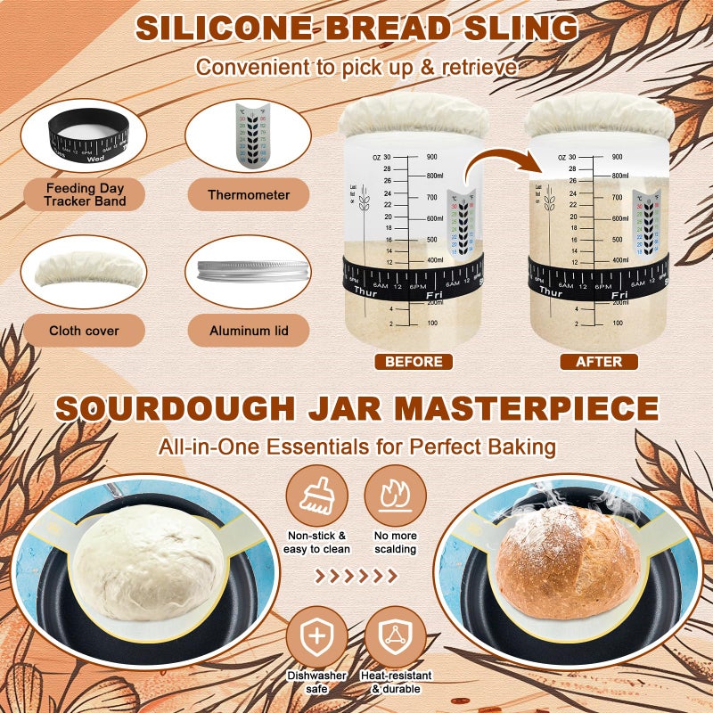 Qalvyn Sourdough Starter Kit,Sourdough Bread Baking Supplies, 9" Round and 10" Oval Banneton Bread Proofing Basket Set with Sourdough Starter Jar, Sourdough Bread Making Kit Valentine's Gifts for Women Wife - Image 5