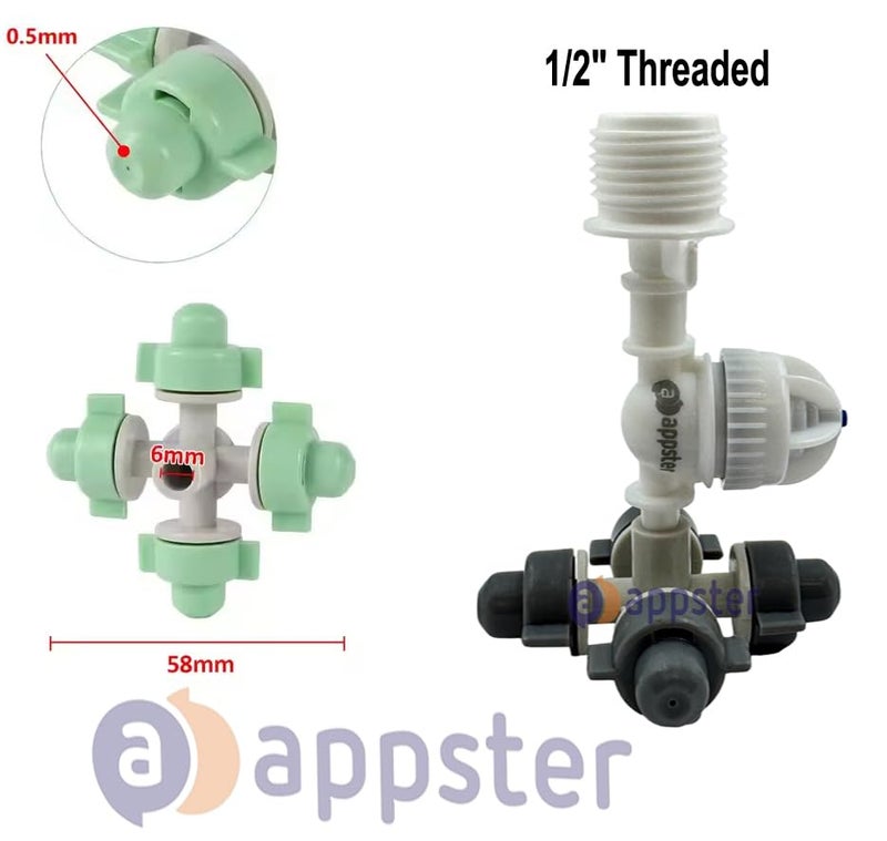 APPSTER 25pcs 4-Way Fogger Assembly Complete 1/2" Threaded with Anti-Drip Check Valve for Garden, Greenhouses, Mist Cooling, Stable & Poultry Farm- 25pcs - Image 2