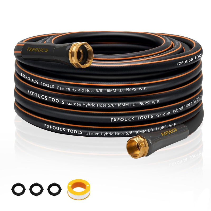 FXFOUCS Heavy Duty Garden Hose â€“ 5/8 Inch Flexible, Lightweight Hybrid Hose with 600 PSI Burst Pressure, Swivel Handle,All-Weather Water Hose, Durable Copper Male/Female Fittings (Black, 50FT) - Image 1