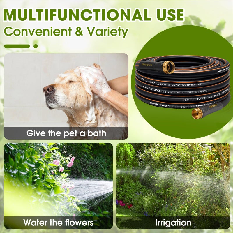 FXFOUCS Heavy Duty Garden Hose â€“ 5/8 Inch Flexible, Lightweight Hybrid Hose with 600 PSI Burst Pressure, Swivel Handle,All-Weather Water Hose, Durable Copper Male/Female Fittings (Black, 50FT) - Image 5