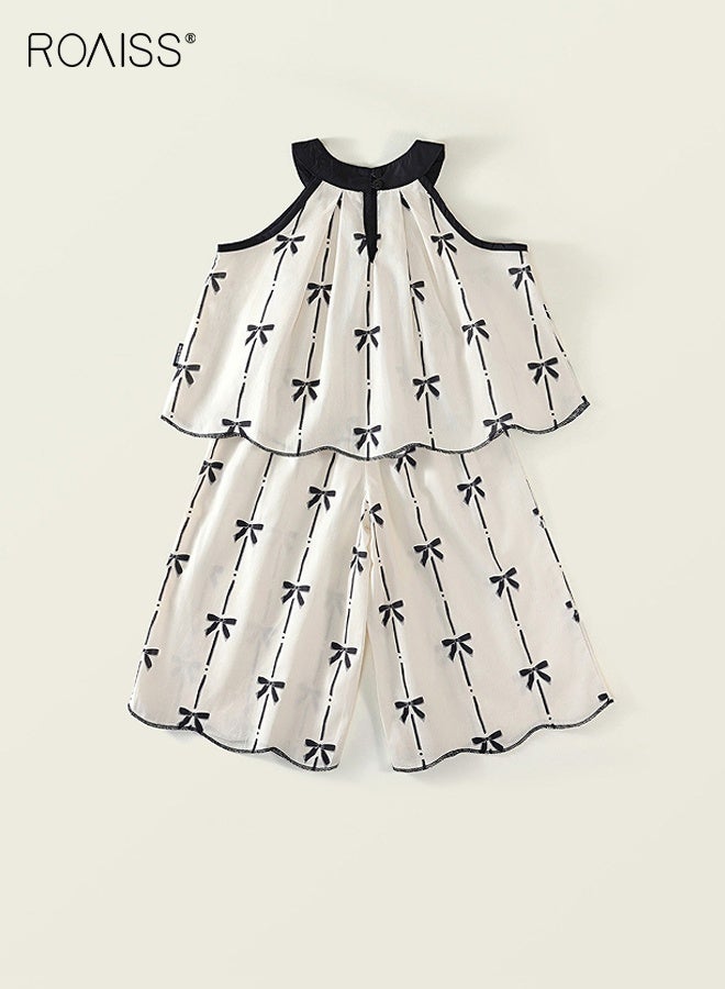 roaiss Girls 2 Piece Outfit, Halter Neck Top and Loose Pants Set, Kids Stylish Clothing Set with Sleeveless Top and Wide Leg Pants, Perfect Outfit for Summer  - Image 2