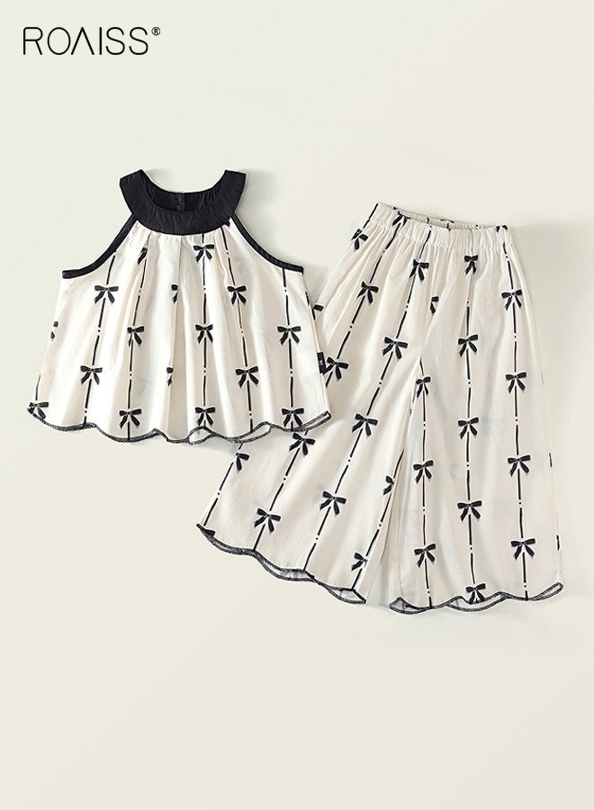 roaiss Girls 2 Piece Outfit, Halter Neck Top and Loose Pants Set, Kids Stylish Clothing Set with Sleeveless Top and Wide Leg Pants, Perfect Outfit for Summer  - Image 1