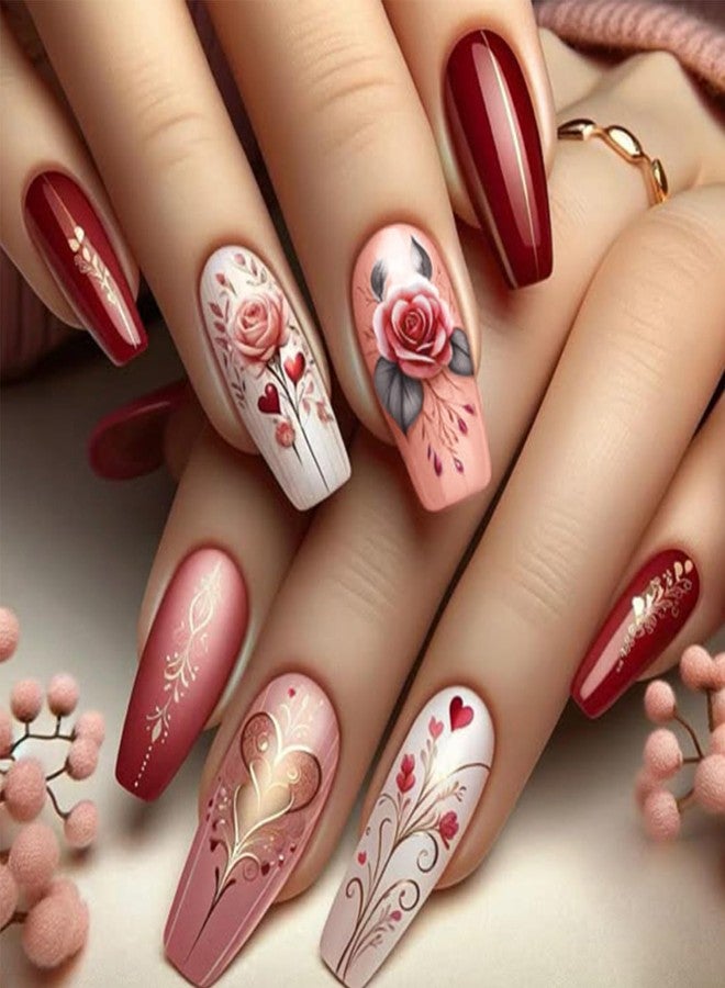 LRKNNO Valentine's Day Press on Nails Long Coffin False Nails with Romantic Rose Flower Heart DesignsValentines False Nails Pink Red Glossy Glue on Nails for Women Girls Valentines Day Nails Decoration 24Pcs - Image 1