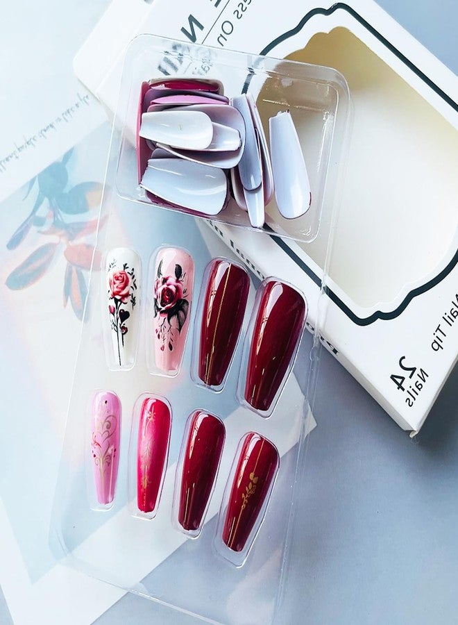 LRKNNO Valentine's Day Press on Nails Long Coffin False Nails with Romantic Rose Flower Heart DesignsValentines False Nails Pink Red Glossy Glue on Nails for Women Girls Valentines Day Nails Decoration 24Pcs - Image 3