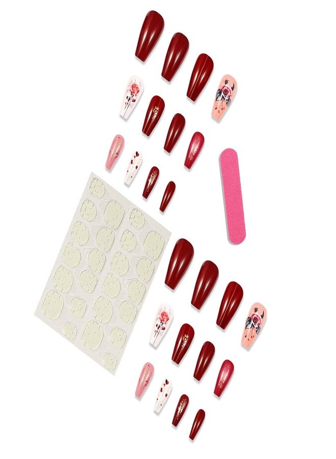 LRKNNO Valentine's Day Press on Nails Long Coffin False Nails with Romantic Rose Flower Heart DesignsValentines False Nails Pink Red Glossy Glue on Nails for Women Girls Valentines Day Nails Decoration 24Pcs - Image 5