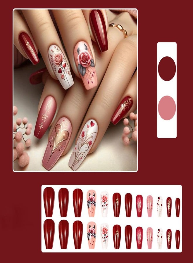 LRKNNO Valentine's Day Press on Nails Long Coffin False Nails with Romantic Rose Flower Heart DesignsValentines False Nails Pink Red Glossy Glue on Nails for Women Girls Valentines Day Nails Decoration 24Pcs - Image 2