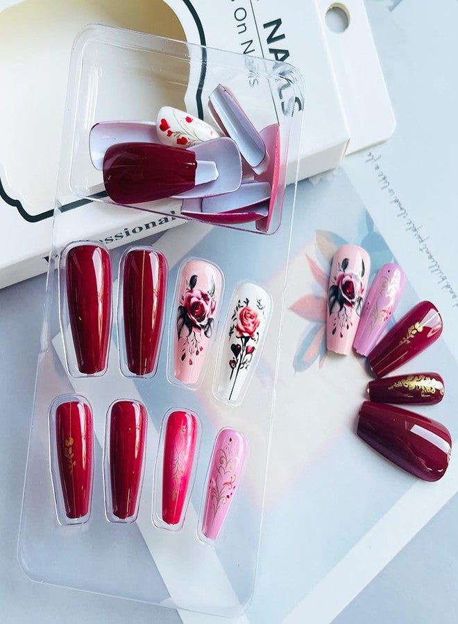 LRKNNO Valentine's Day Press on Nails Long Coffin False Nails with Romantic Rose Flower Heart DesignsValentines False Nails Pink Red Glossy Glue on Nails for Women Girls Valentines Day Nails Decoration 24Pcs - Image 4