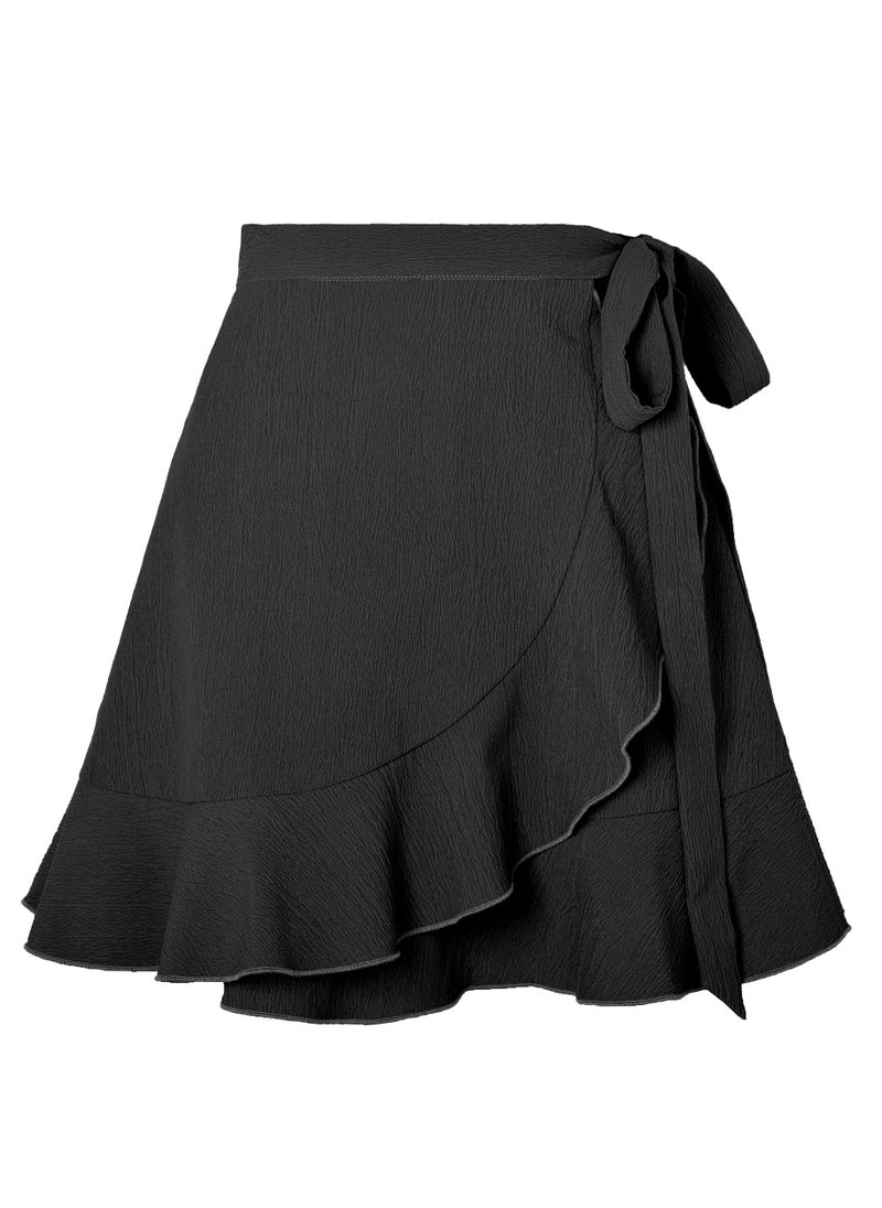 Loquat - Women's Solid Color Ruffle Wrap Skirt Tie Waist Boho Mini Short Beach Skirt Black - Image 1