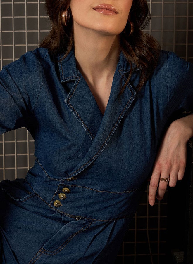 StyleStone جمبسوت أساسي أزرق سادة من ستايل ستون مع ياقة قميص وأكمام طويلة - Image 3