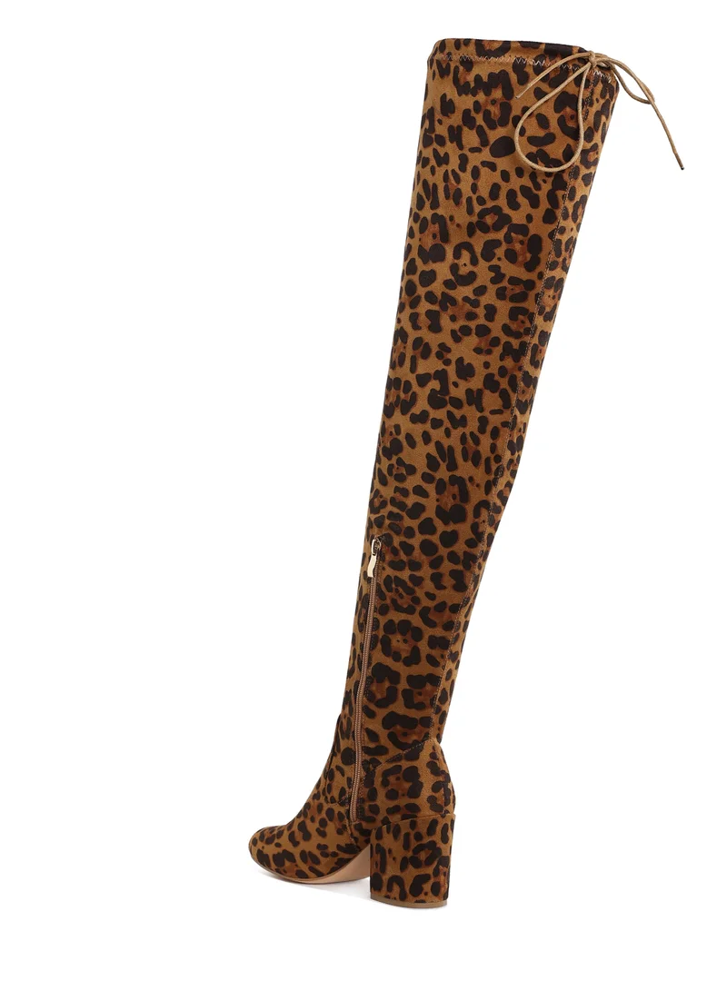 London Rag Minimal Drawstring Detail Knee-High Boots in Leopard