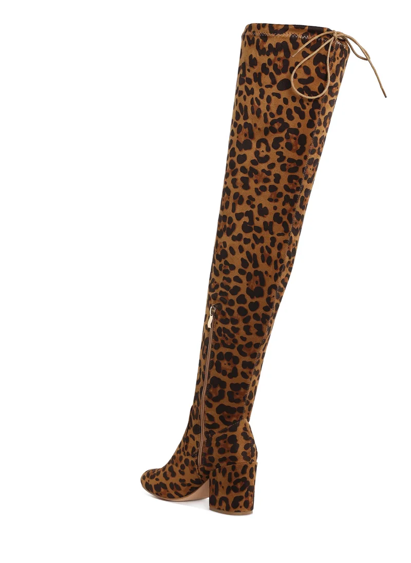 London Rag Minimal Drawstring Detail Knee-High Boots in Leopard