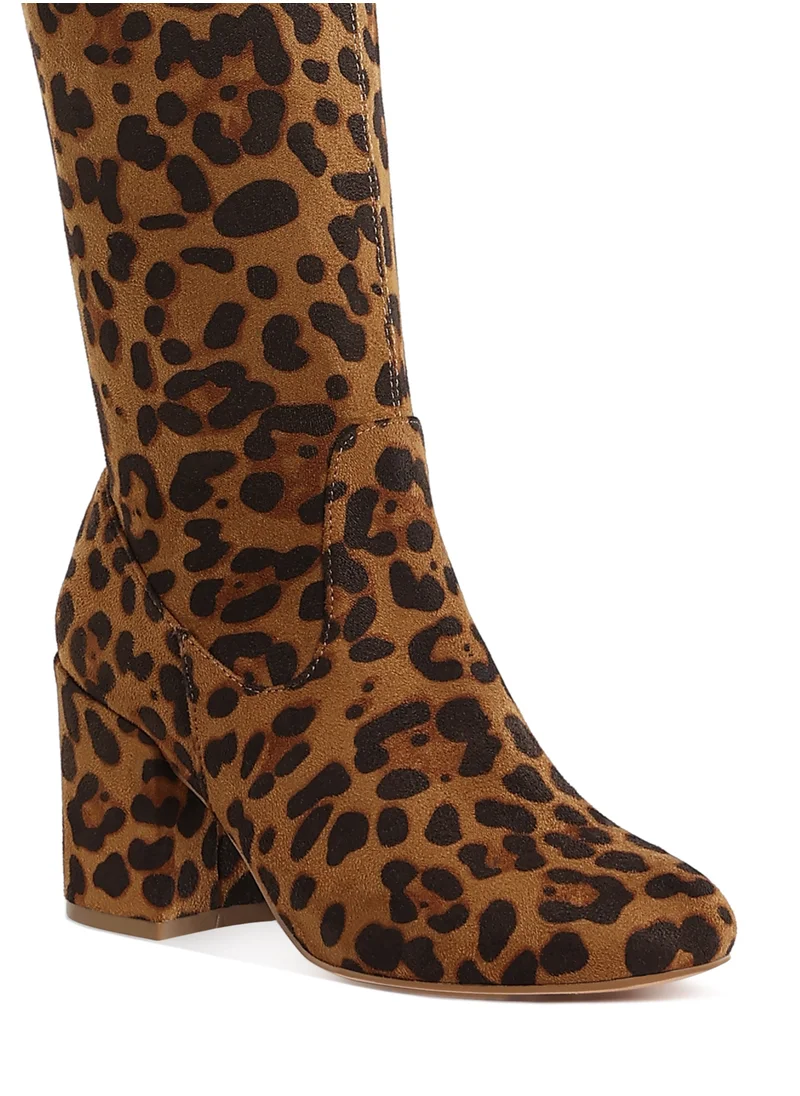 London Rag Minimal Drawstring Detail Knee-High Boots in Leopard