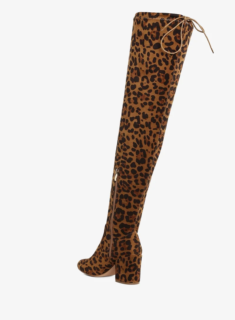 London Rag Leopard Minimal Drawstring Detail Knee-High Boots in Leopard for Women | Best Price UAE