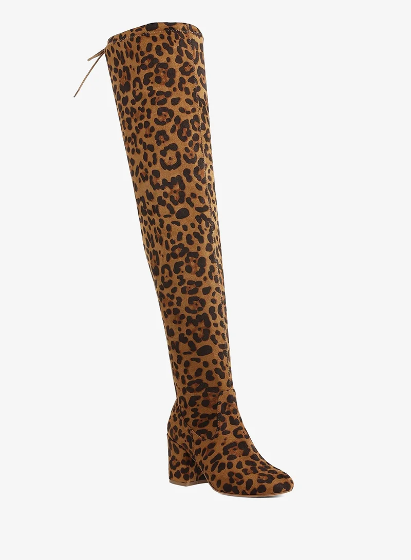 London Rag Minimal Drawstring Detail Knee-High Boots in Leopard