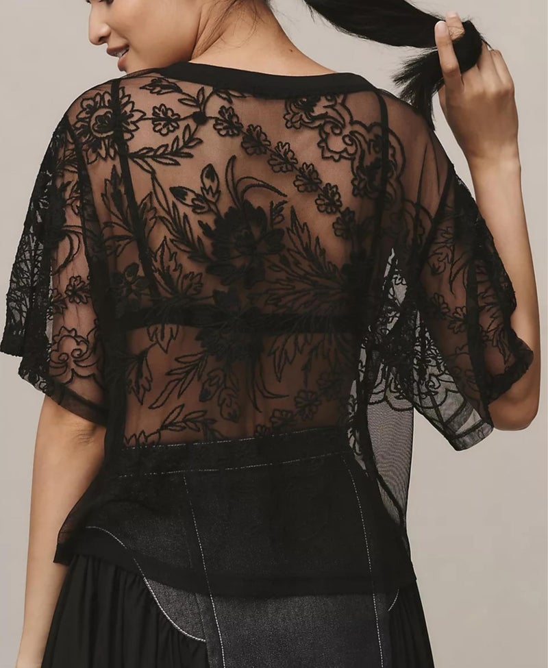 OPCAKM Lace Tops for Women Sexy Short Sleeve Mesh Tops Embroidered Sheer Lace T-Shirts See Through Blouse(Black-L) - Image 2