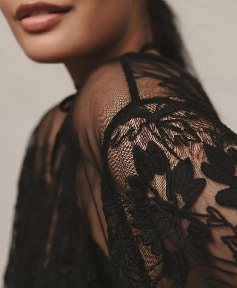 OPCAKM Lace Tops for Women Sexy Short Sleeve Mesh Tops Embroidered Sheer Lace T-Shirts See Through Blouse(Black-L) - Image 4