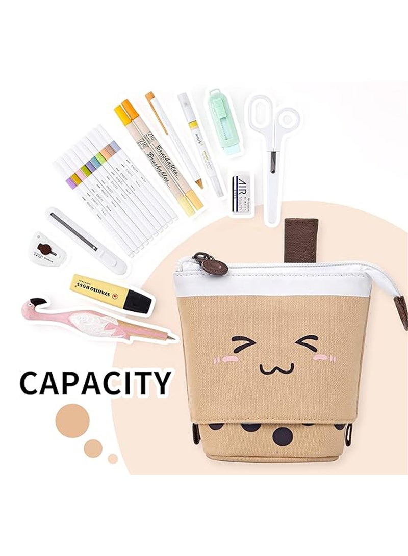 Lovely Pencil Case Standing Pen Holder Telescopic Makeup Pouch Pop Up Cosmetics Bag With Kawaii Smile Face Stationery Case Office Organizer Box For Kids Students Adults Girls Boys Gifts  (Brown)  - Image 5