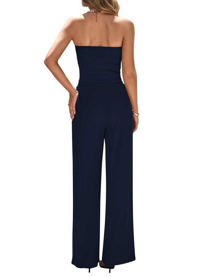 BTFBM Two Piece Sets For Women Summer Ribbed Strapless Twist Knot Tube Top Pants Set Casual 2025 Beach Vacation Outfits, Navy Blue, XS - Image 4