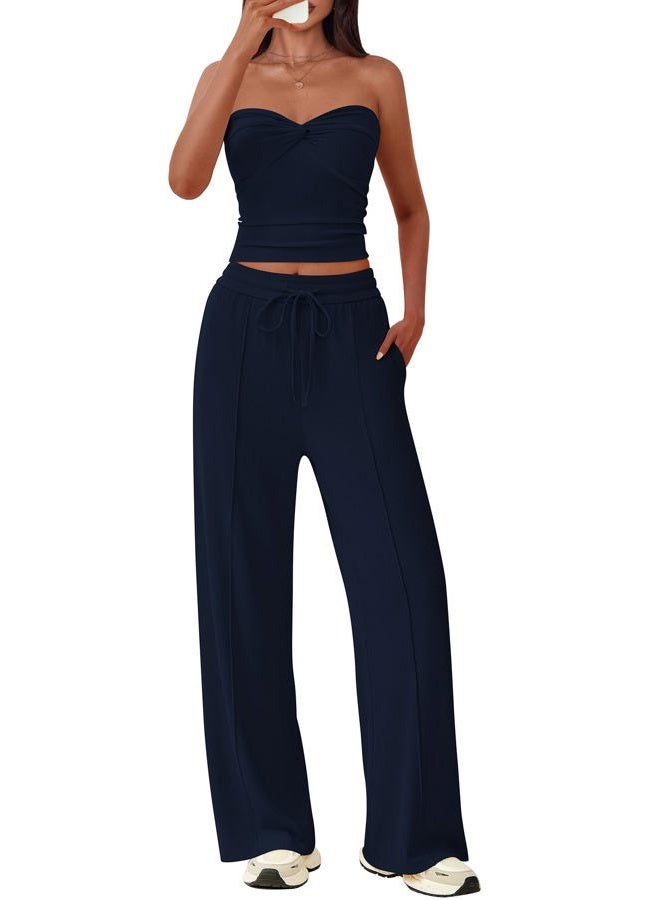 BTFBM Two Piece Sets For Women Summer Ribbed Strapless Twist Knot Tube Top Pants Set Casual 2025 Beach Vacation Outfits, Navy Blue, XS - Image 3