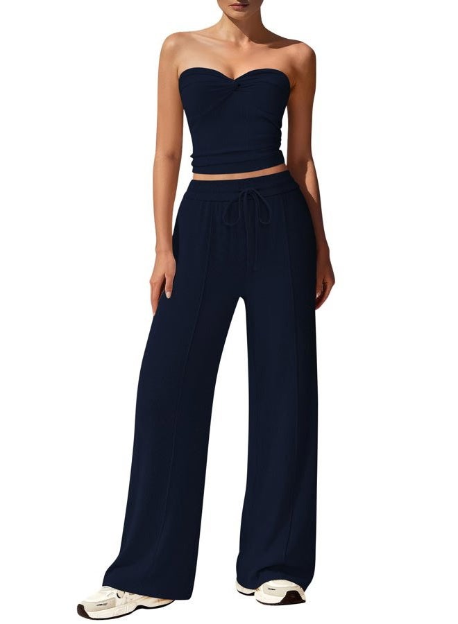 BTFBM Two Piece Sets For Women Summer Ribbed Strapless Twist Knot Tube Top Pants Set Casual 2025 Beach Vacation Outfits, Navy Blue, XS - Image 2