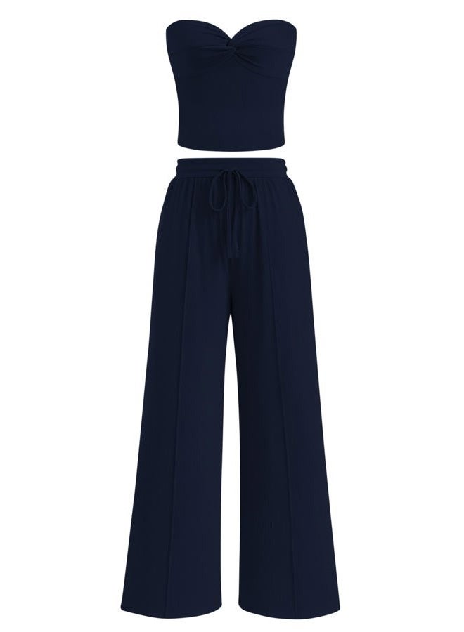 BTFBM Two Piece Sets For Women Summer Ribbed Strapless Twist Knot Tube Top Pants Set Casual 2025 Beach Vacation Outfits, Navy Blue, XS - Image 1
